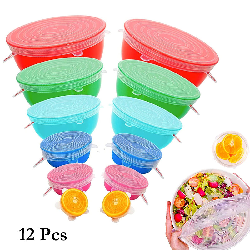Silicone Food Wrap Caps Cookware Lids Stretchable Fresh Covers (2 Sets Of 6 Pcs)